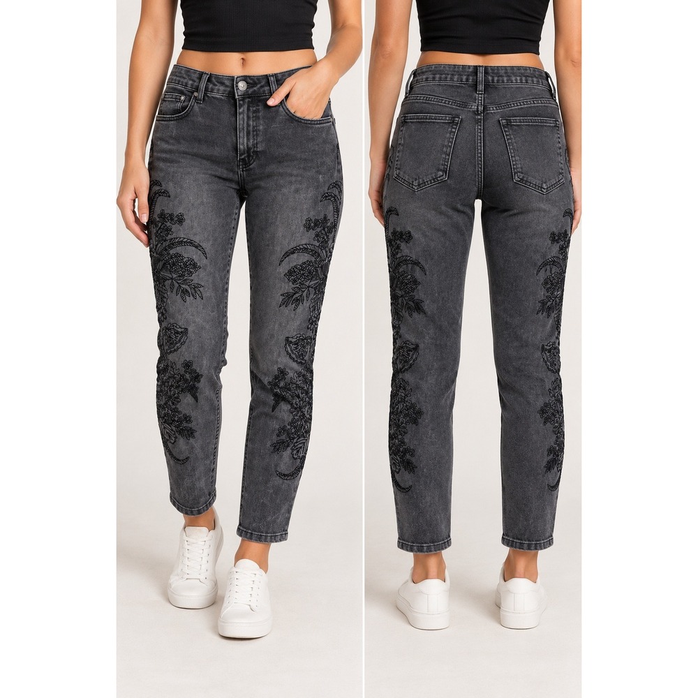 Womens Acid Wash Floral Embroidered Jeans Ankle Stretch Straight Sz 14 Festival